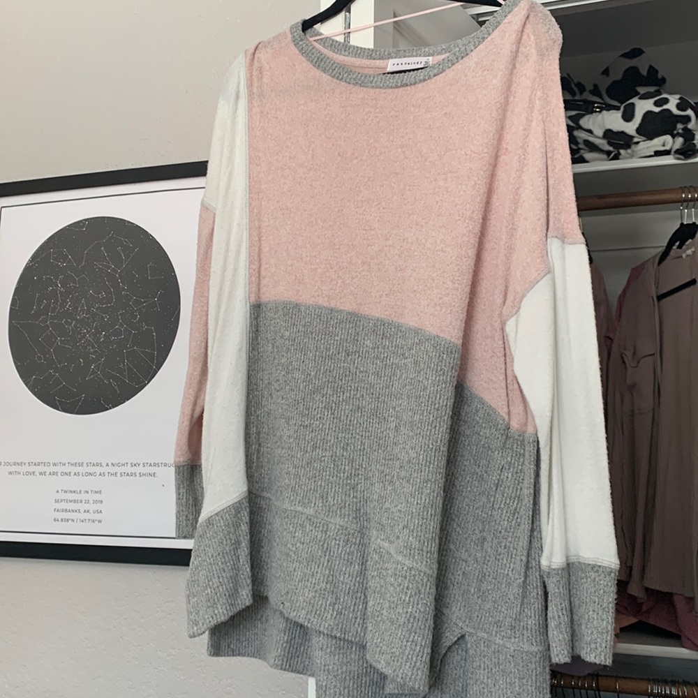 Pink, white, gray sweater